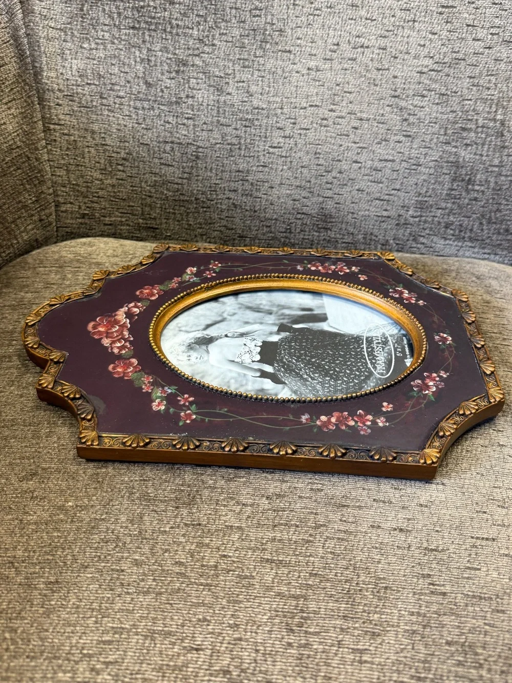 Vintage Painted Floral and Ornate Gold Trim Heavy Picture Frame.